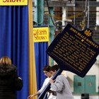 Replica of the John Beale Bordley marker being set up at the 2012 Farm Show photo by CHRIS KNIGHT, The Patriot-News