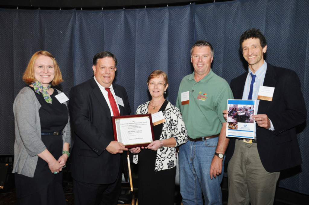 Pictured left to right:  Andrea L. MacDonald, PHMC; Dr. William V. Lewis, Jr., PHMC Commissioner; and accepting the award from the Moose Exchange: Drue Magee, Treasurer and Visionary; Chris Young, Board President; and Oren Helbok, Executive Director.
