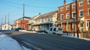 Winter streetscape along Main Street in Newburg, Pennsylvania.