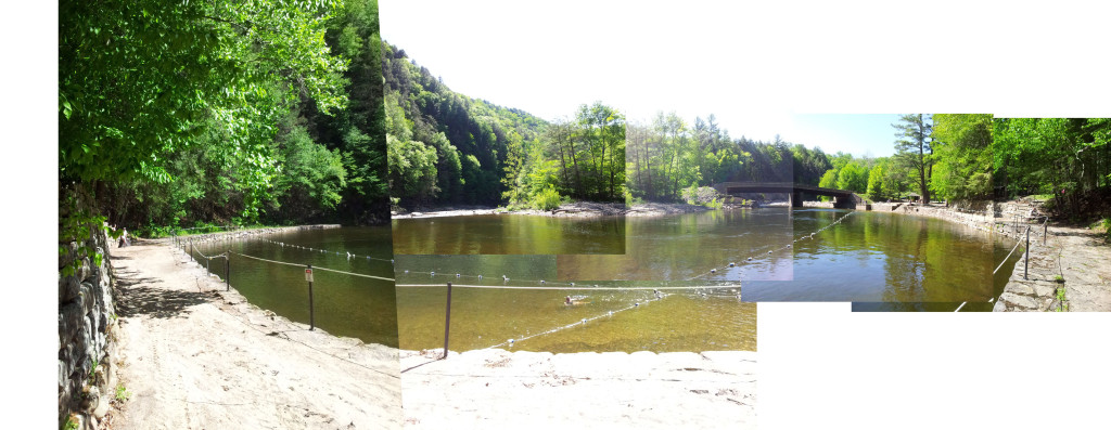 Collage of swimming lagoon, dam, bridge with underpass, and beach in the horseshoe curve of Loyalsock Creek