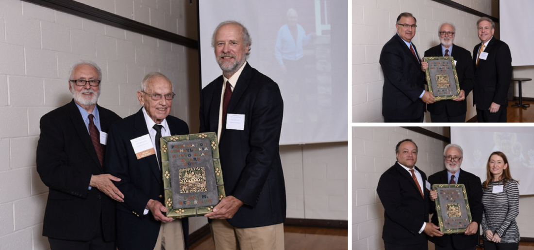 Paul Heberling, center, accepts the F. Otto Haas Award from John A. Martine, right, and Peter Benton.  Top right, Mayor Salvatore Panto, Bottom right, The Society to Preserve the Millvale Murals of Maxo Vanka