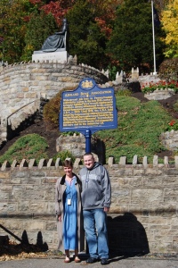 Karen Galle and Adam Bernodin in front of the Ashland Mother's Memorial and Pennsylvania Historical Marker in Ashland, Schuylkill County in October 2014.