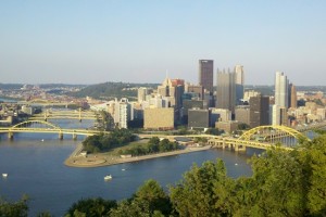 Overview of Point State park and Gateway Center, Downtown Pittsburgh.