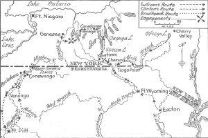 Generalized map showing Sullivan’s, Clinton’s, and Brodhead’s campaign against the Iroquois from Trussell, John B., Jr., “The Sullivan and Brodhead Expeditions,” ed. Harold L. Myers.  Historic Pennsylvania Leaflet No. 41.  Harrisburg, PA: Pennsylvania Historical and Museum Commission, 1976.