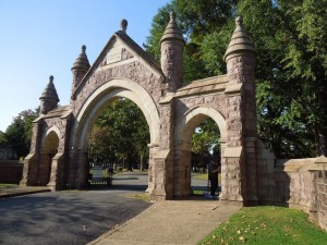 The monumental 7th Street Gate to the Easton Cemetery.  Photo by Jeremy Young, October 2014. 