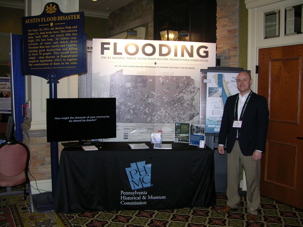 PA SHPO’s Disaster Planning Project Manager Jeremy Young at this year’s new “flood disaster” themed exhibit, displayed at the 2015 PSATS conference in Hershey.
