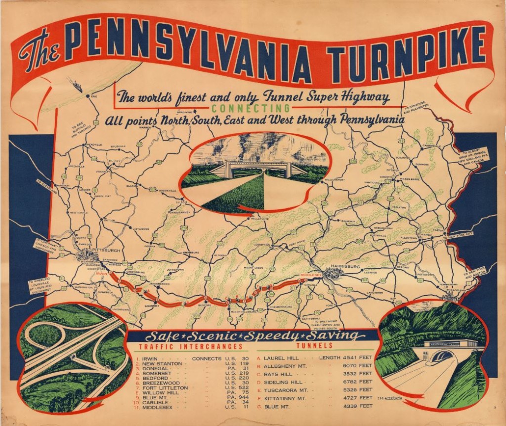 This colorful souvenir map highlights the original Turnpike. Image courtesy of Pennsylvania Turnpike Commission.