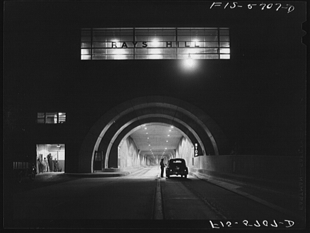Ray's Hill tunnel, July 1942, lit up for nighttime driving. Image from the Farm Security Administration/Office of War Information collection at the Library of Congress (LC-USW3- 005707-D [P&P])