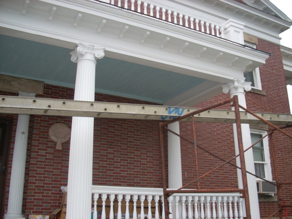 Work on the portico of the Clarion County Historical Society in progress. 
