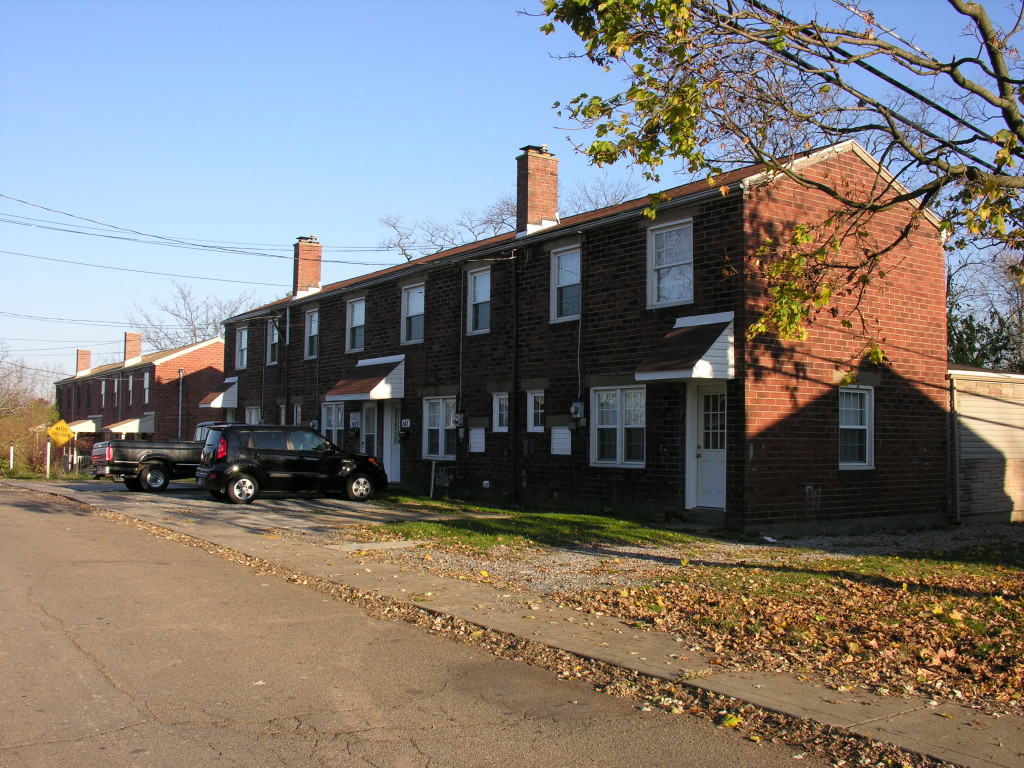 One of the original brick housing blocks in Mooncrest.