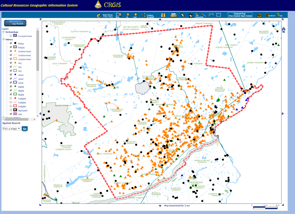 Screenshot from PA SHPO’s CRGIS of all currently documented historic resources in Monroe County, including those listed in and eligible for listing in the National Register of Historic Places, and those for which more documentation is necessary to determine NRHP listing eligibility. The many orange triangles represent the latter, mostly recorded at the time of the 1980 Monroe Countywide Survey, and which required updated documentation.