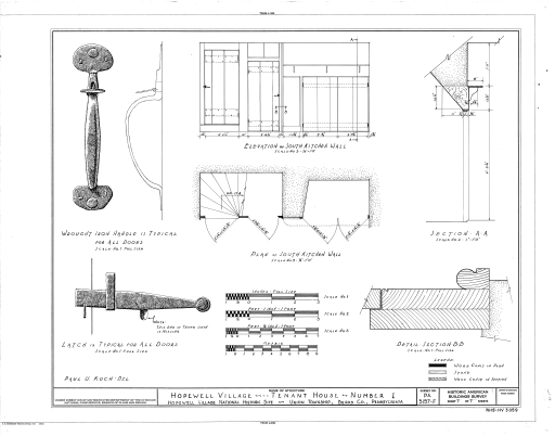 Architectural details of Tenant house No. 1 at Hopewell Furnace from the Historic American Buildings Survey. By Related names: Null, Druscilla J, historian Koch, Paul U, delineator [Public domain], via Wikimedia Commons