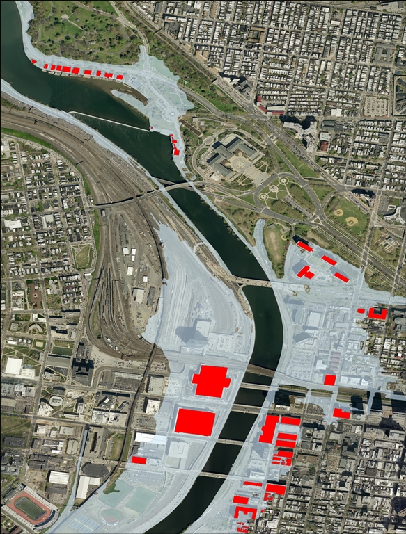 An AECOM GIS map showing registered properties within the flood zone in red along the Schuylkill River (note boathouse row in the upper left-hand corner). A registered property is one that is listed on the National Register of Historic Places or the Philadelphia Register of Historic Places, or that contributes to a National Register or Philadelphia Register Historic District.