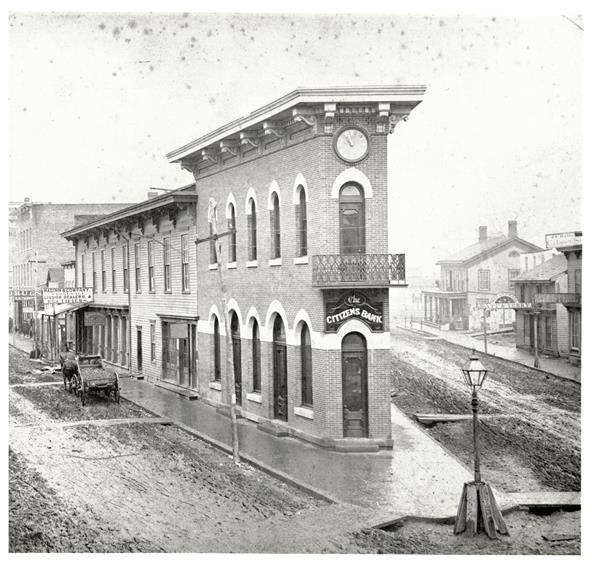 Citizens Bank (Flatiron Building), Spring & Diamond Streets, Titusville, Crawford County, 1873. Courtesy of PHMC, Drake Well Museum, Titusville, PA 