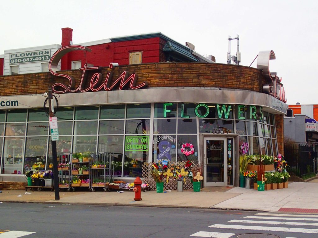 Stein’s Florist (ca. 1950) on the border of Tacony and Mayfair has served the Northeast Philadelphia community since 1886. Its current location, however, is a Mid-Century adaptation of a Frankford Avenue rowhouse, with original period neon signage remaining. Photo by Jennifer Robinson from AECOM Technical Services, Inc., March 24, 2016