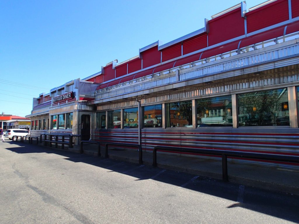 Mayfair Diner (1954) was established in the Mayfair neighborhood as the Morrison and Strumm boxcar eatery in 1932. There have been several remodeling efforts since settling in its current location in 1938. Photo by Kaitlin Pluskota from AECOM Technical Services, Inc., March 24, 2016