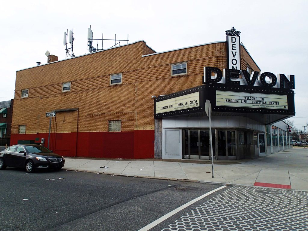 Devon Theater (1946) on the edge of Wissinoming and Mayfair. The Mid-Century Modern theater on Frankford Ave underwent a multi-million dollar rehabilitation in 2008 but was unable to continue operating as a theater. Now adaptively reused, the theater now houses the Kingdom of Life Christian Center. Photo by Kaitlin Pluskota from AECOM Technical Services, Inc., March 23, 2016.