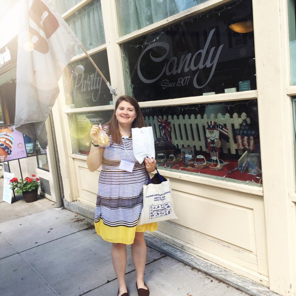 Elizabeth Shultz enjoying tome treats from Purity Candy, which opened on historic Market Street in Lewisburg, PA in 1907.