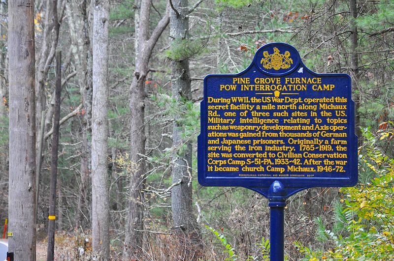One of PHMC's state historical markers at Camp Michaux. November 2014. By Jumpmaster1906 (Own work) [CC BY-SA 4.0 (http://creativecommons.org/licenses/by-sa/4.0)], via Wikimedia Commons.
