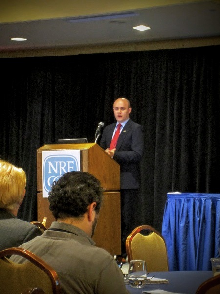 Jeremy Young, Project Manager of the PA SHPO’s Disaster Planning for Historic Properties Initiative, addresses the audience at the “Keeping History Above Water” conference in Newport, Rhode Island on April 12, and discusses the importance of integrating information about historic places into FEMA-approved local and state hazard mitigation plans.