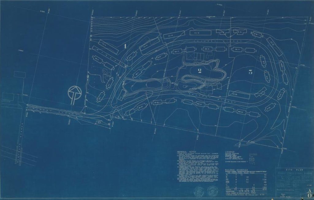 Blueprint showing the layout of the Carver Court development, originally known as Foundry Street Project, and the arrangement of the “A,” “B,” and “C” type houses. Image courtesy of the Louis I. Kahn Collection, University of Pennsylvania Architectural Archives.