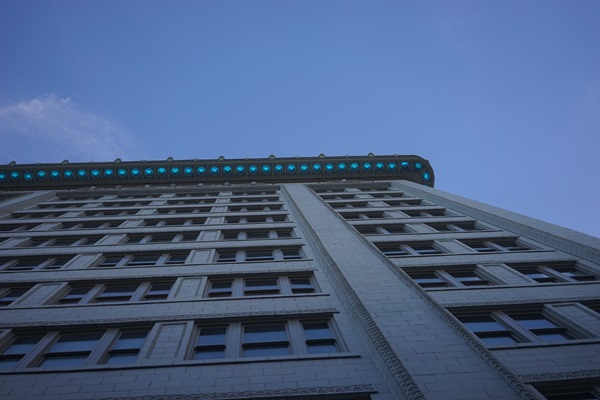 Looking up at the cornice of the Van Antwerp Building in Mobile. Photo by Caroline Labiner, courtesy of the National Alliance of Preservation Commissions.