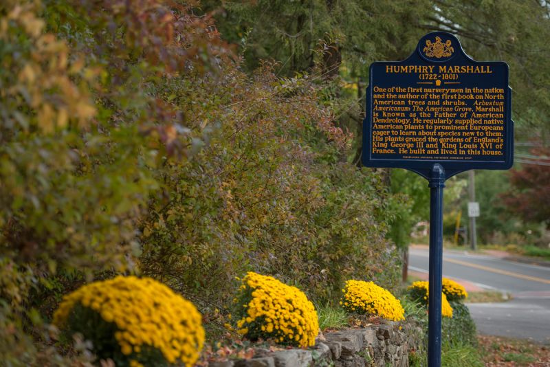 Historical marker for Humphrey Marshall, one of the first nurseryman in the nation. Image courtesy of Marshallton Conservation Trust.