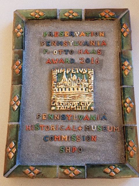 F. Otto Haas award, created by Moravian Tile Works in Doylestown, Bucks County.