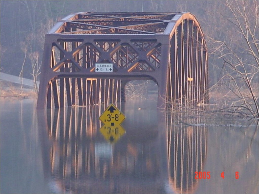 Nebraska Bridge underwater during seasonal flooding from a nearby dam. Used by permission of PennDOT.