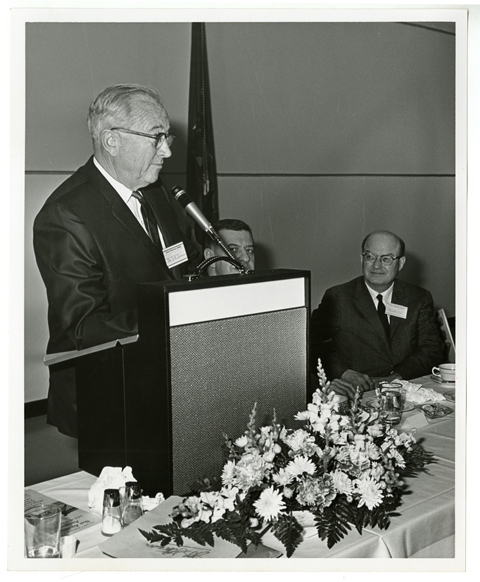 S.K. Stevens talking to attendees at Pennsylvania's first historic preservation conference in 1967.
