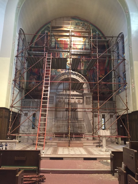 St. Columba's mural under restoration.