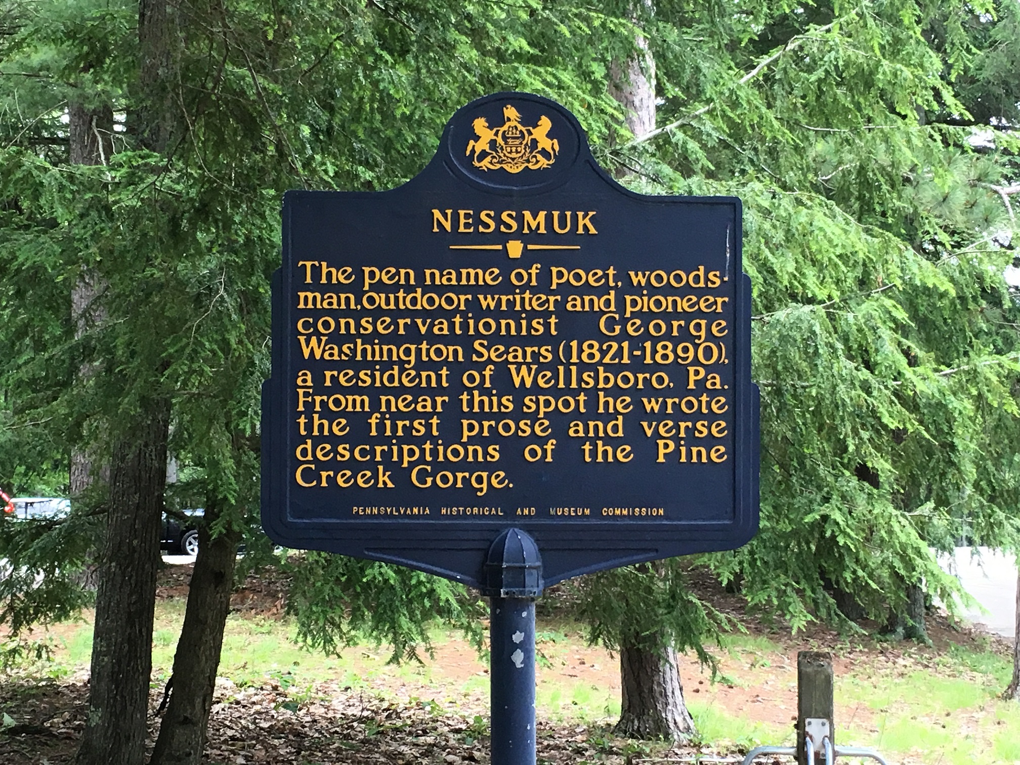 "Nessmuk" marker for George Washington Sears and his writings about Pine Creek Gorge in Tioga County.