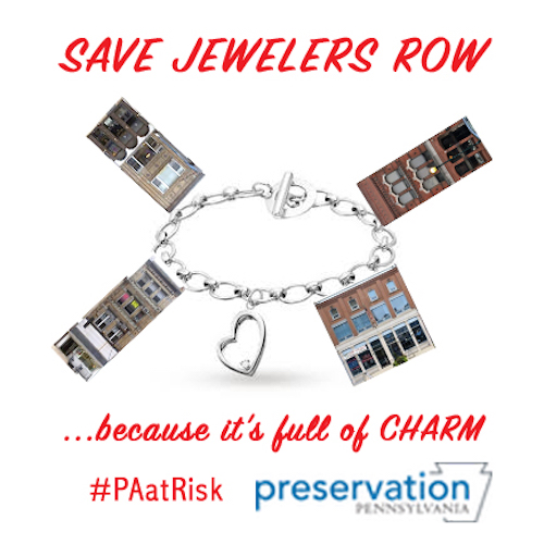 This image shows a charm bracelet with four charms, each being a different building on Jeweler's Row. Text says Save Jewelers Row because it's full of charm.