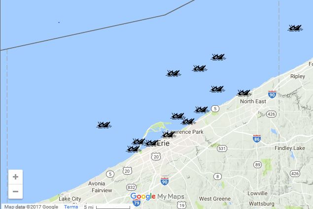 This map shows shipwrecks along the coast of Lake Erie. Image courtesy of PASST.