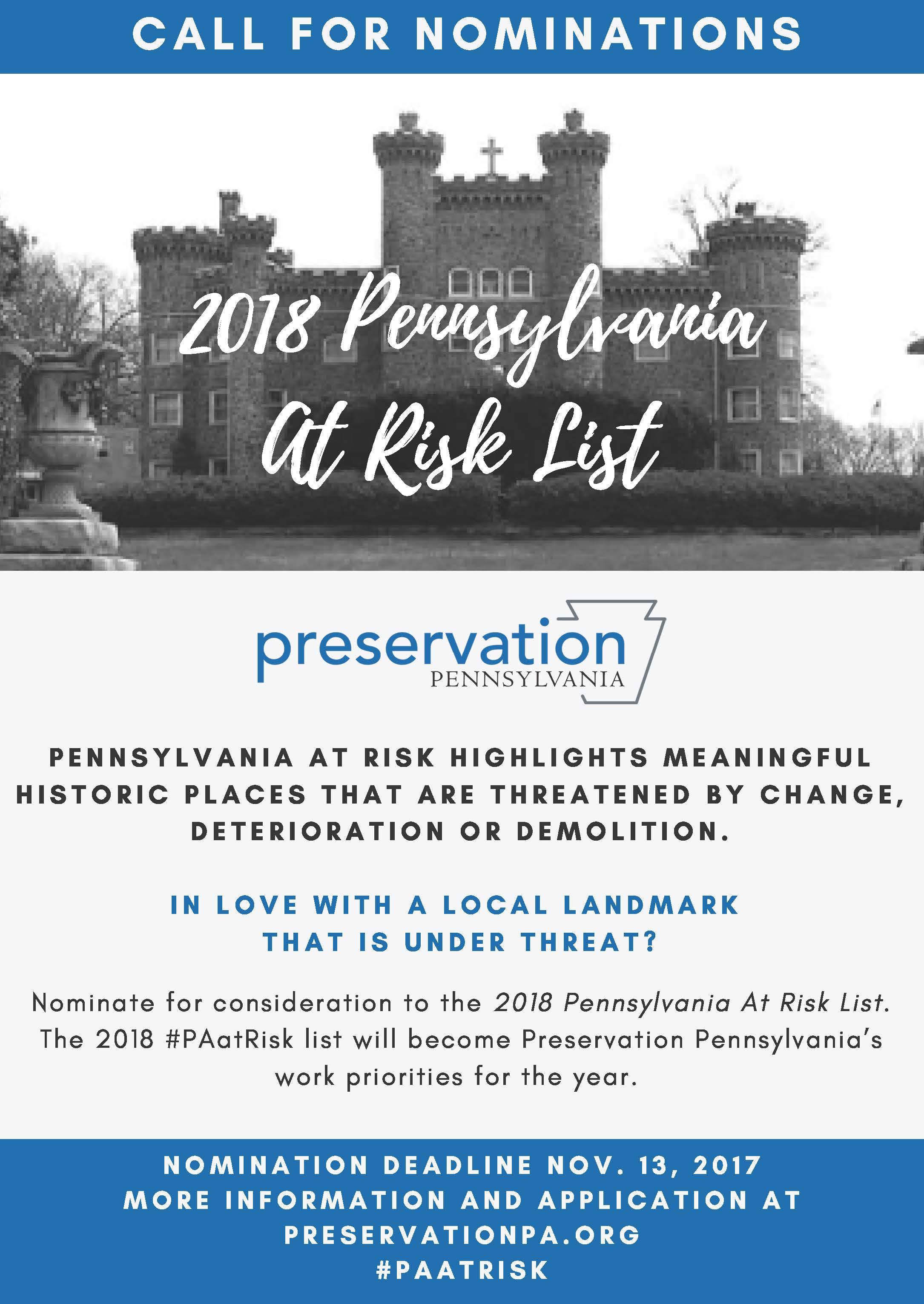 Poster for 2018 PA At Risk showing a black and white photograph of a building and instructions on how to nominate a threatened historic resource.