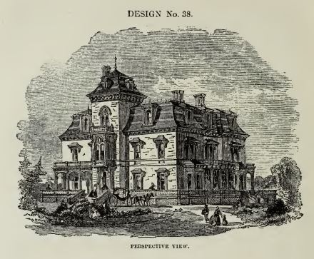 Black and white drawing showing a large Second Empire home.