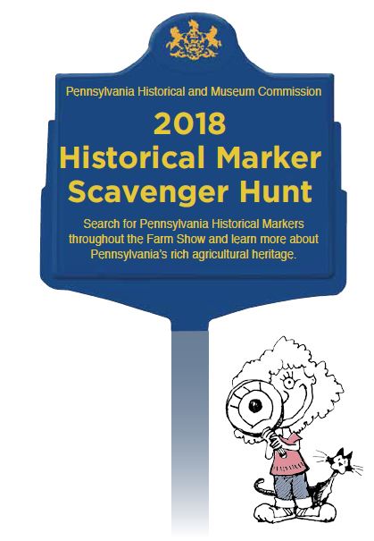 This image shows a blue and gold historical marker cartoon with the words "2018 Historical Marker Scavenger Hunt" in the center.
