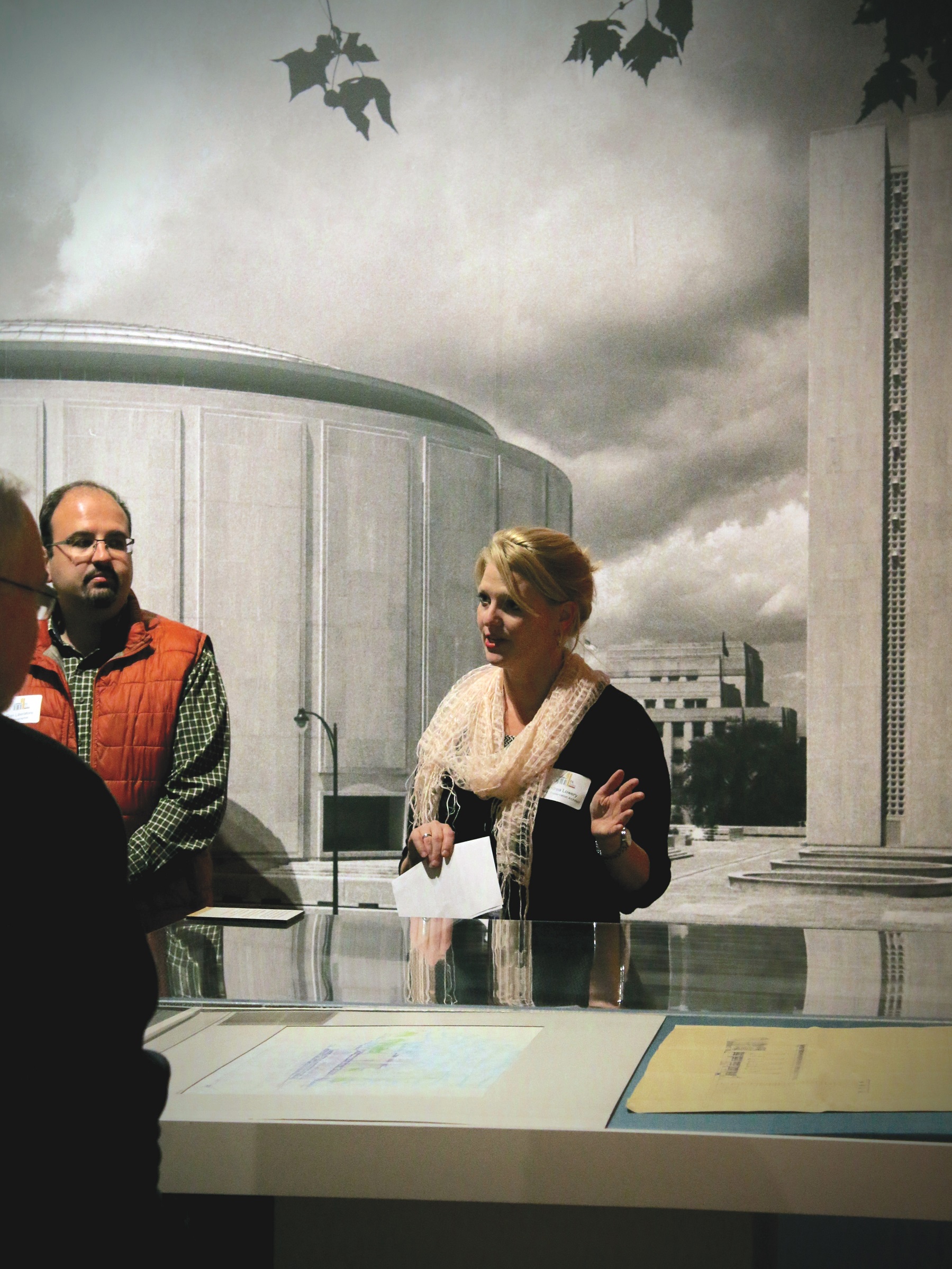 Andrea Lowery talks with visitors about the Pennsylvania Turnpike Exhibit at the State Museum. Photo by Don Giles, PHMC.