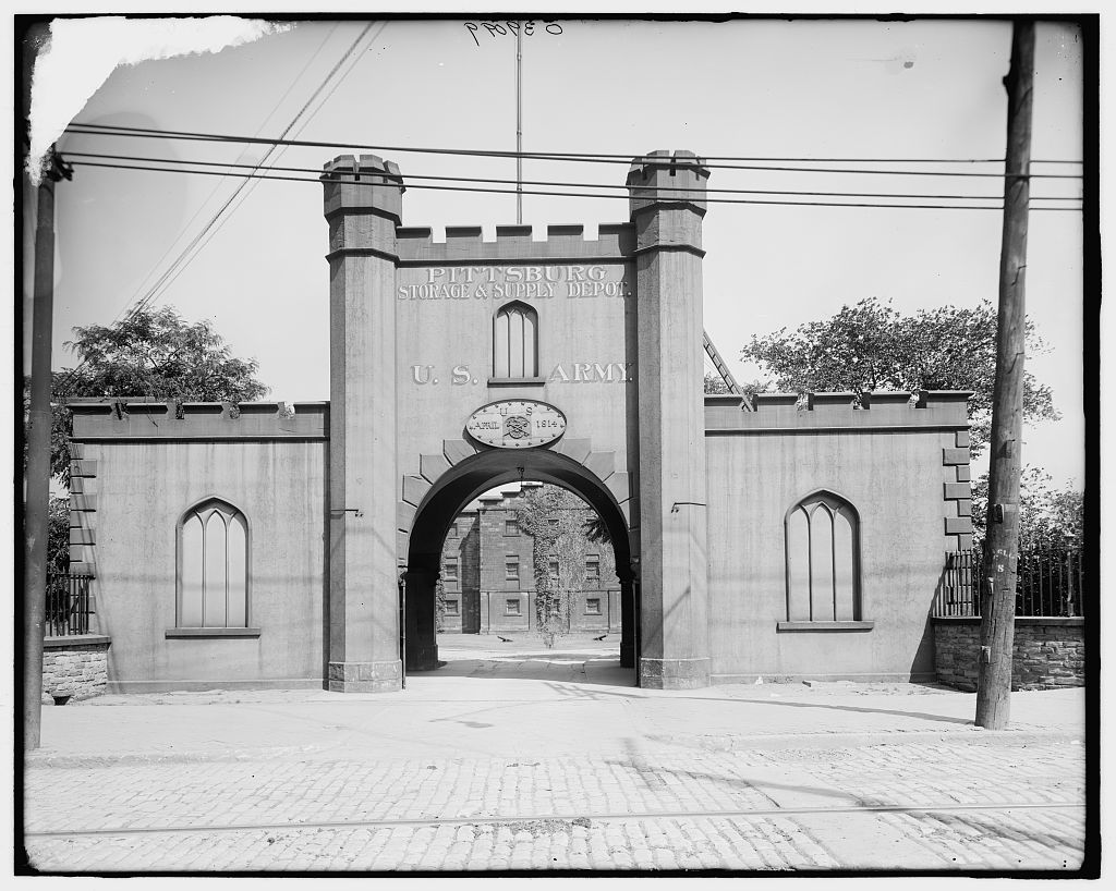 This black and white photograph shows the castle-like entrance to the Allegheny Arsenal.