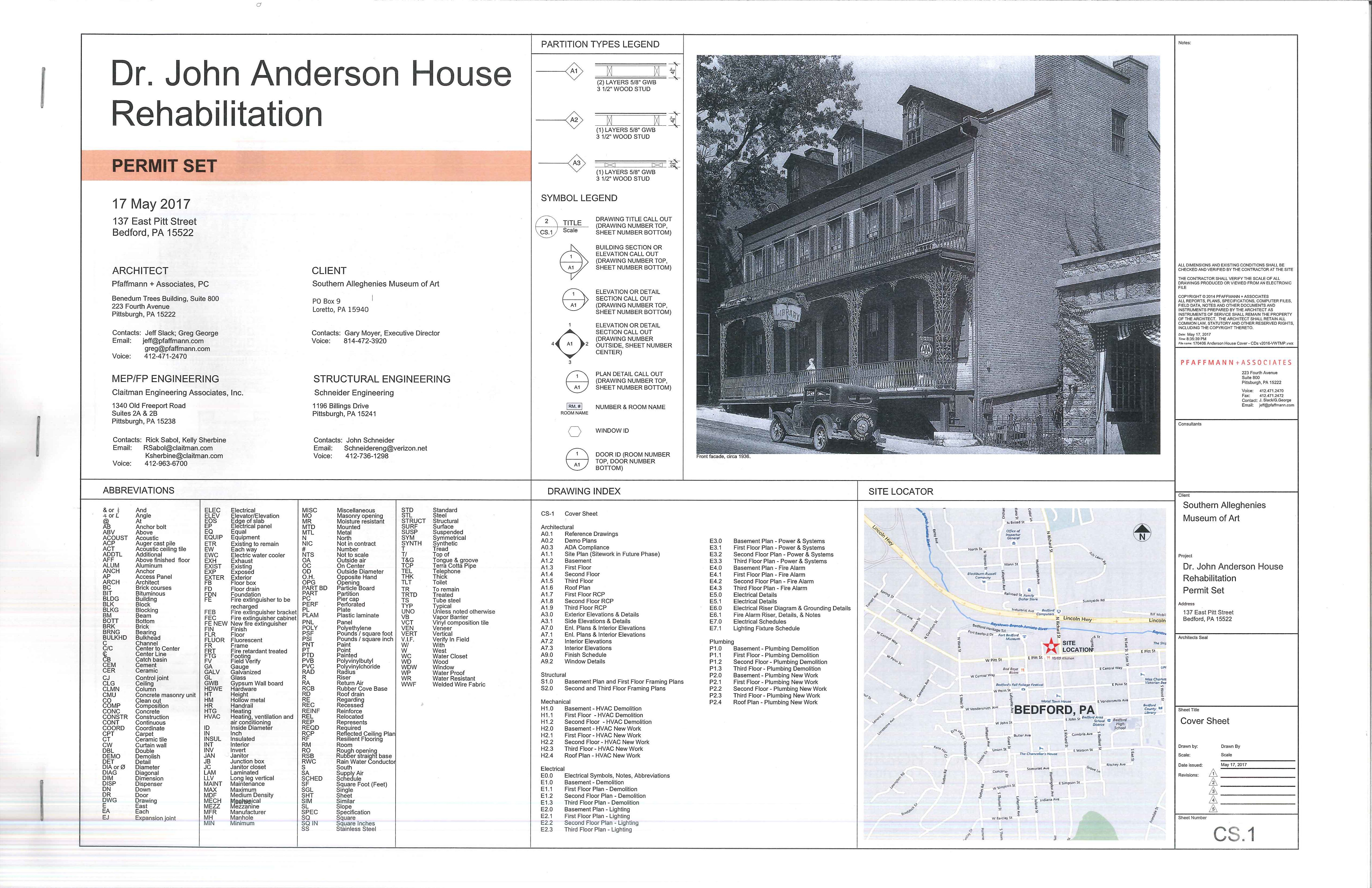 This image shows the front cover of the permit set of plans for the Anderson House rehabilitation.