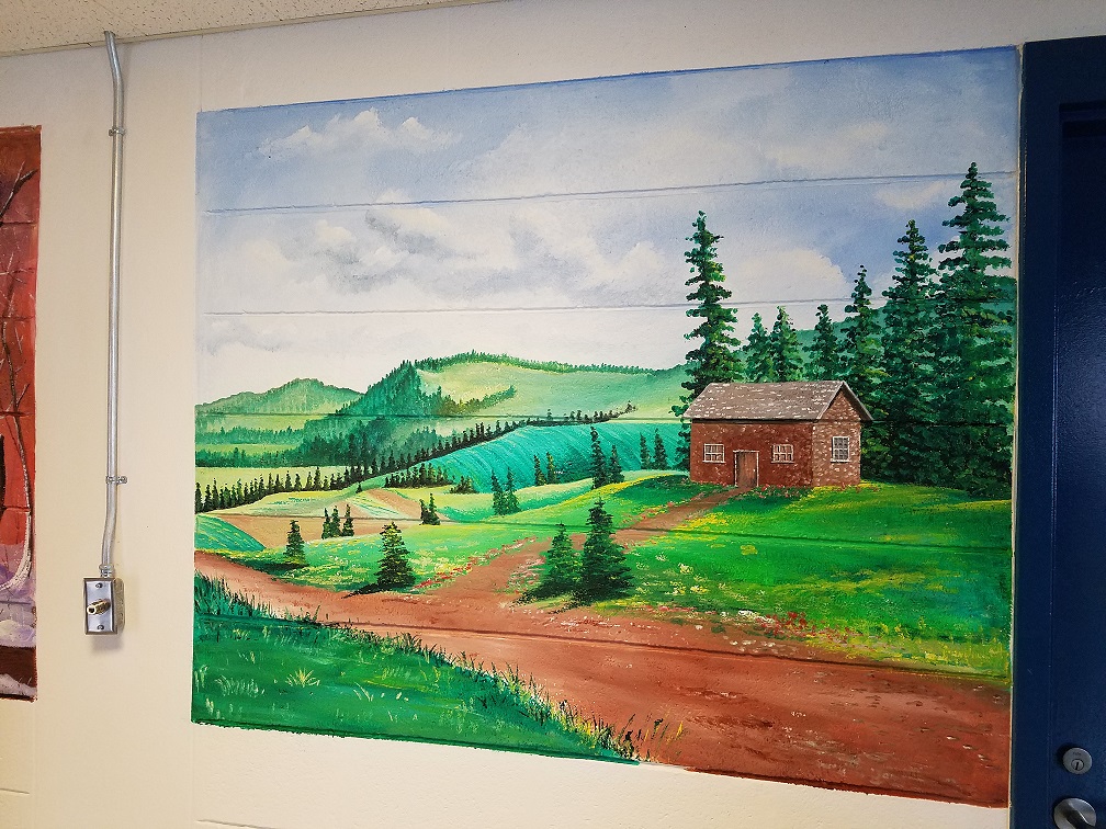 Wall mural of cabin and mountains