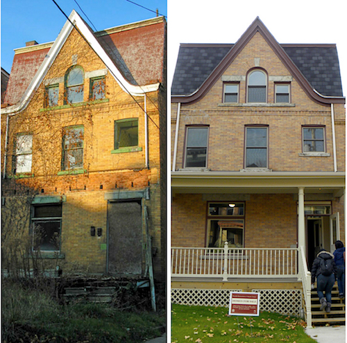 before and after photos of two brick houses