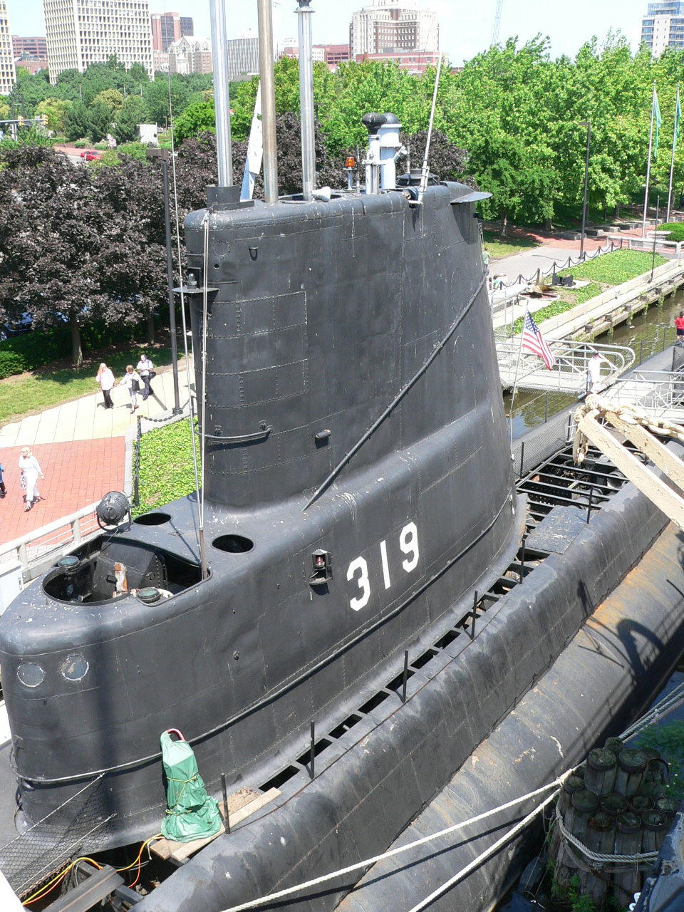 Large metal submarine.