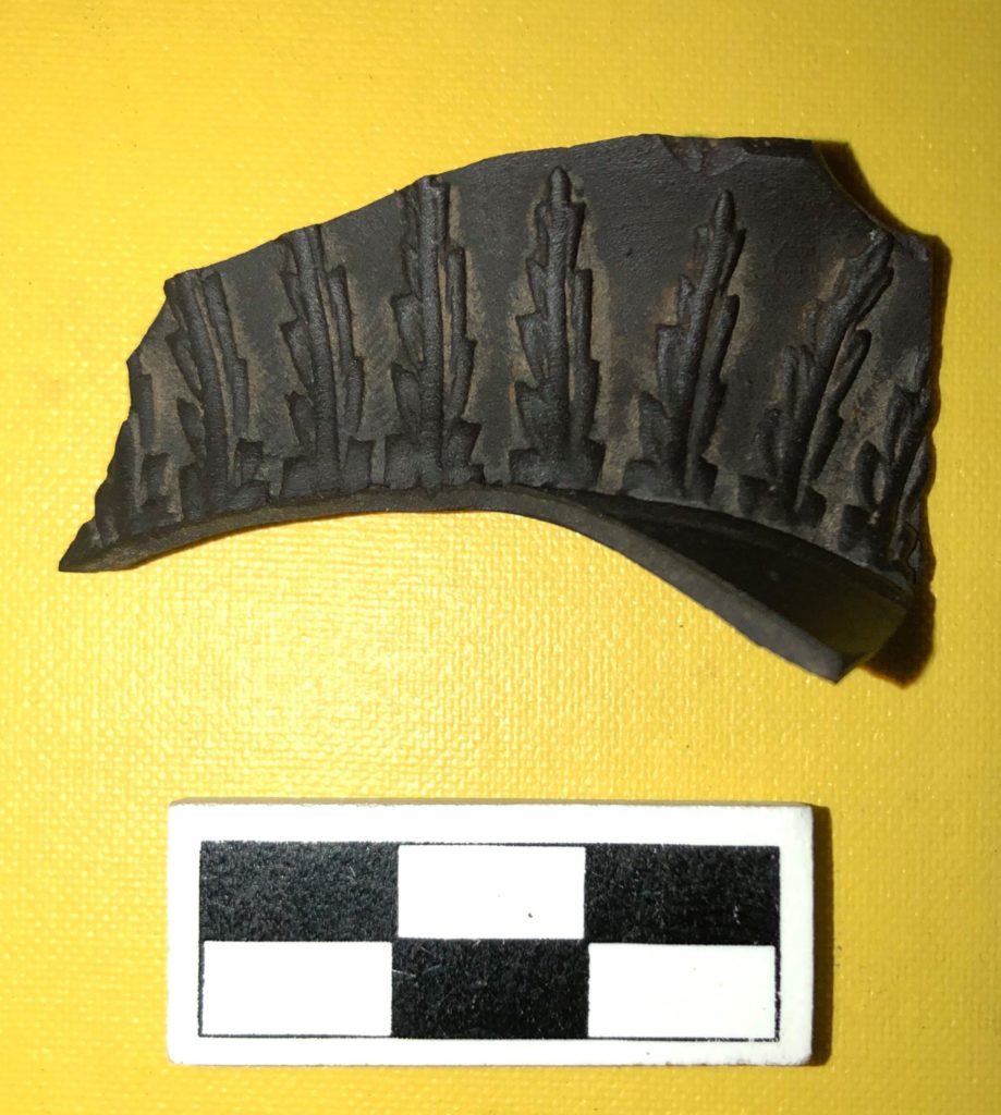 Small piece of black ceramic with tree-like designs.