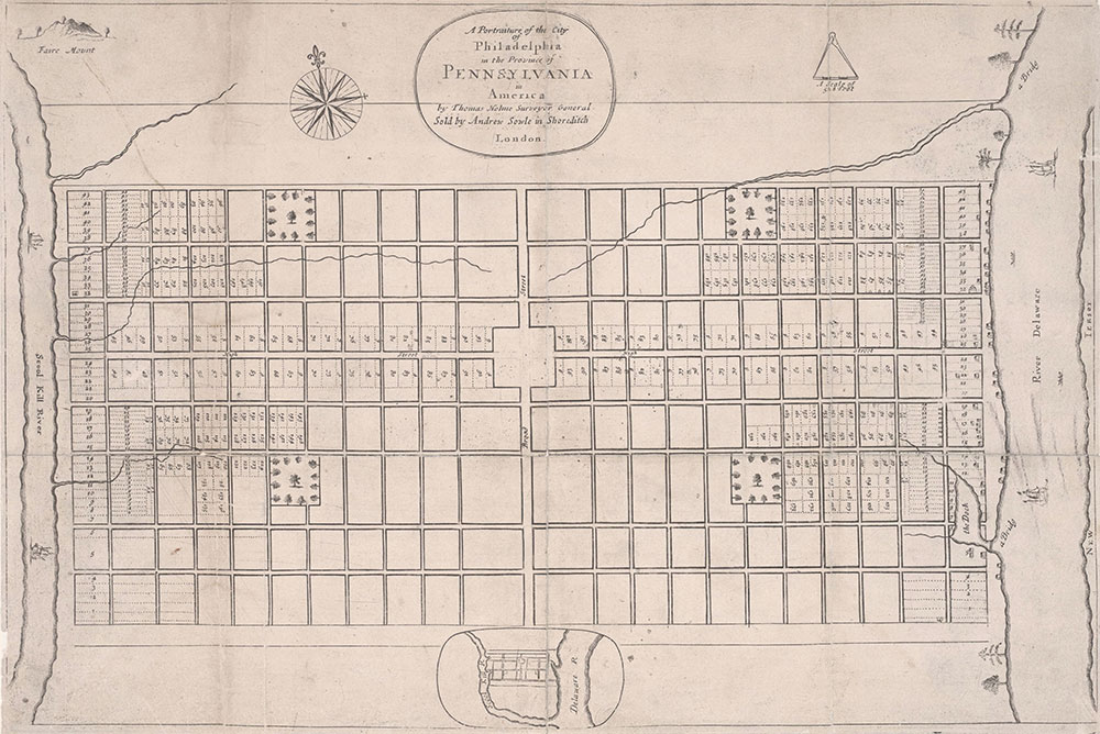 Early map of Philadelphia with black lines on what paper creating regular squares.