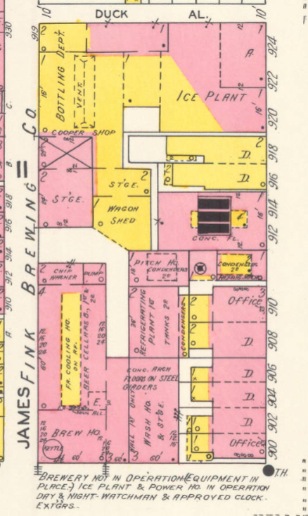 Map showing buildings in yellow and red.