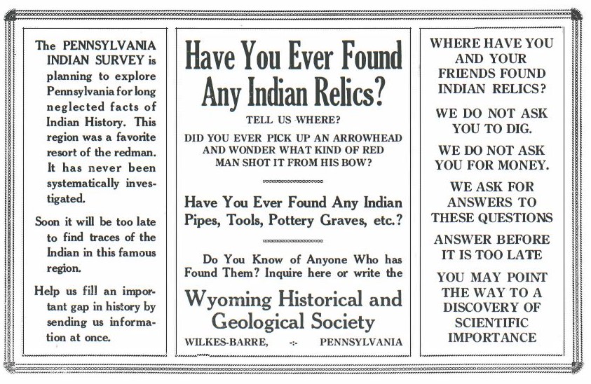 Newspaper advertisement asking readers to send in any information or relics they have or know about for the Indian Sites Survey.