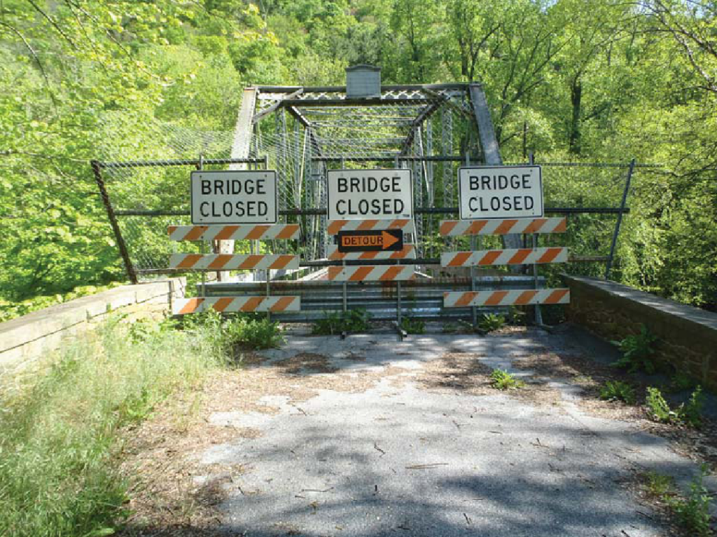 Metal truss bridge with three bridge closed signs along entrance.