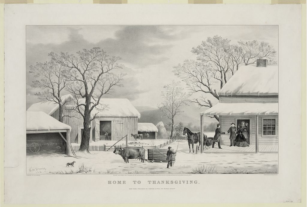 Black and white drawing of a house and barns covered in snow with animals and people around.