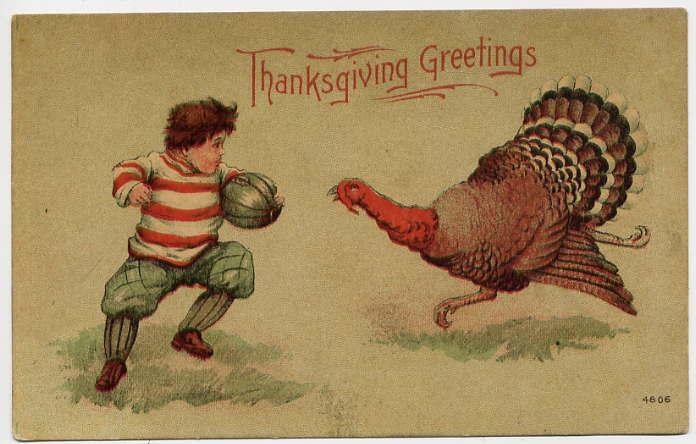 Turkey and boy with ball below words "Thanksgiving Greetings"
